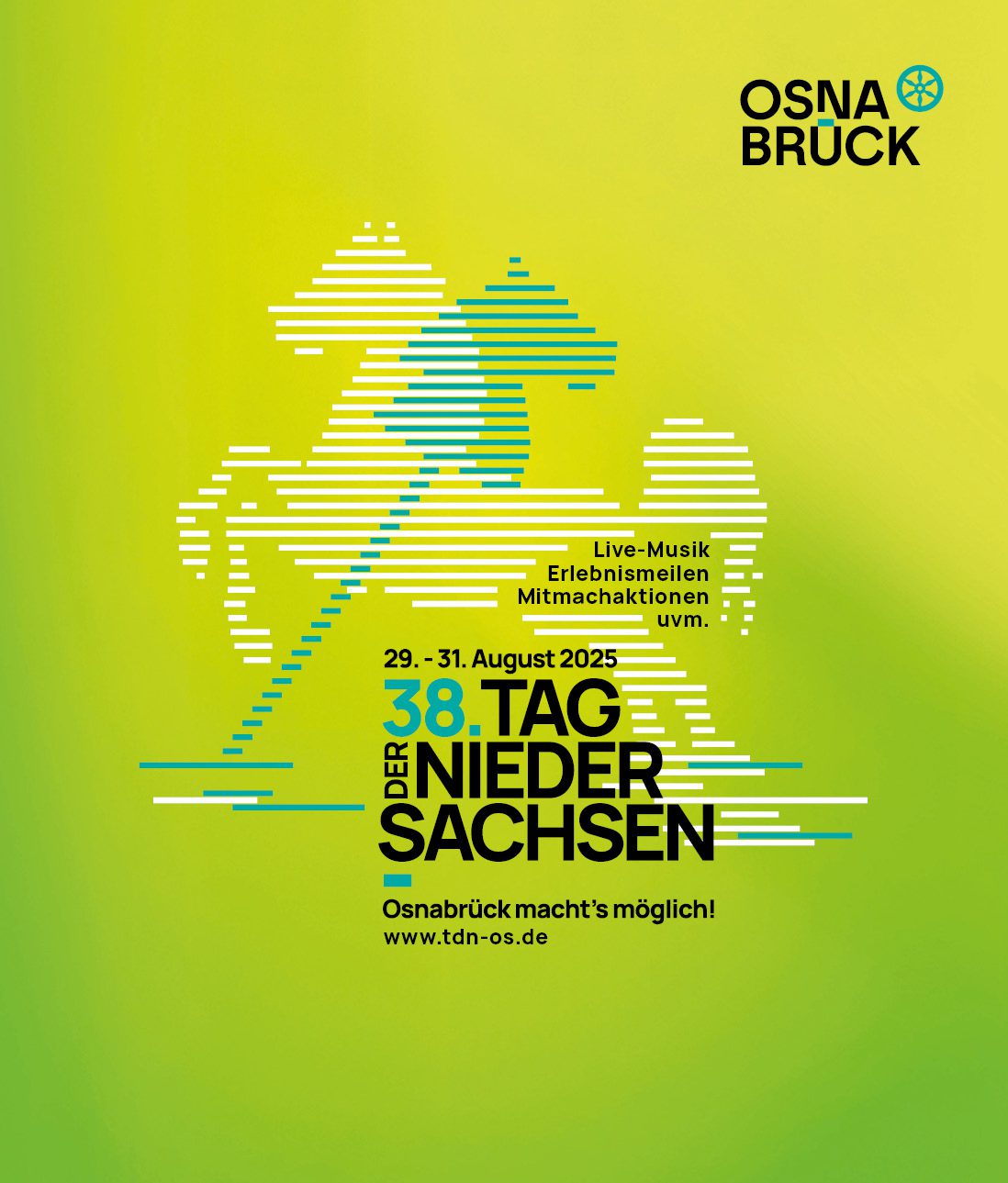 TdN Motiv: Grafik zum Tag der Niedersachsen mit Pferd, Text: Live-Musik, Erlebnismeilen, Mitmachaktionen.