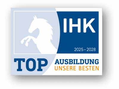 IHK Ausbildungs-Siegel, Laufzeit 2025-2028. Top Ausbildung, unsere Besten. Pferd Symbol.