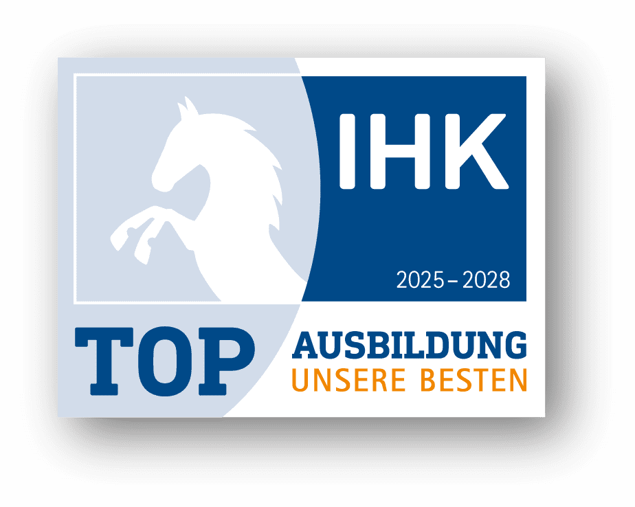 IHK Ausbildungs-Siegel, Laufzeit 2025-2028. Top Ausbildung, unsere Besten. Pferd Symbol.