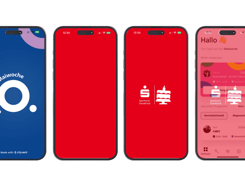 Osnabrücker Maiwoche App splash screen advertising the event schedule and sponsored by Sparkasse Osnabrück, shown on multiple phone screens.