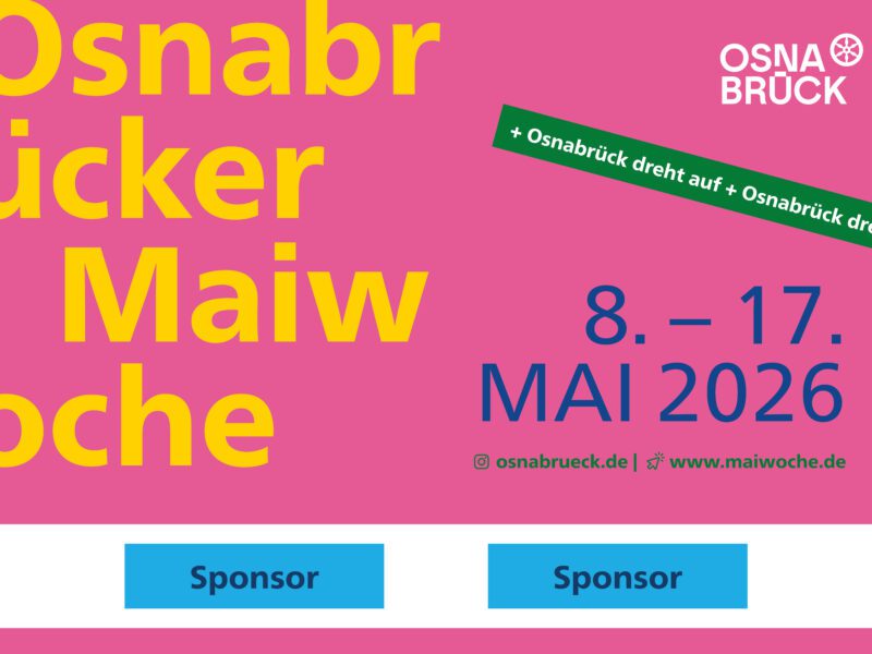 The image promotes the "Maiwoche", with text on a pink background and sponsor logos. It indicates the date: 8.-17. MAI 2026.