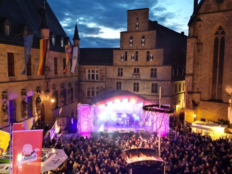 Open-Air Konzert: Menschenmenge vor Bühne mit Lichtern und Flaggen, historische Gebäude im Hintergrund.