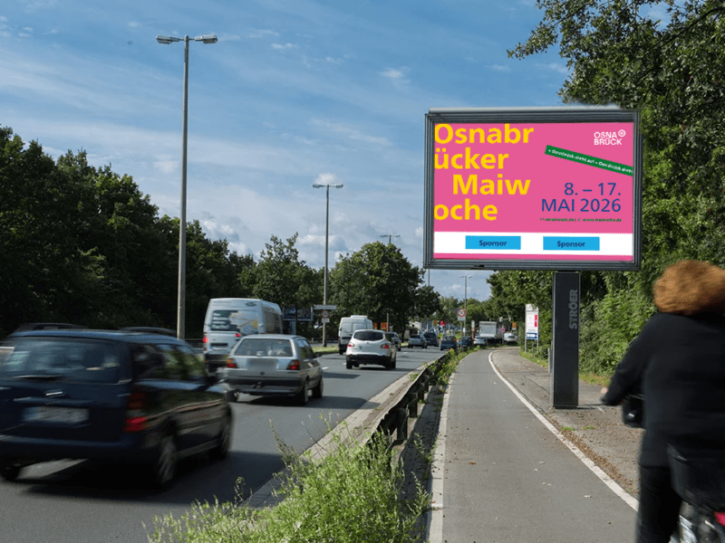Osnabrücker Maiwoche billboard mockup featuring event dates 8-17 Mai 2026 next to a street with cars and a cyclist.