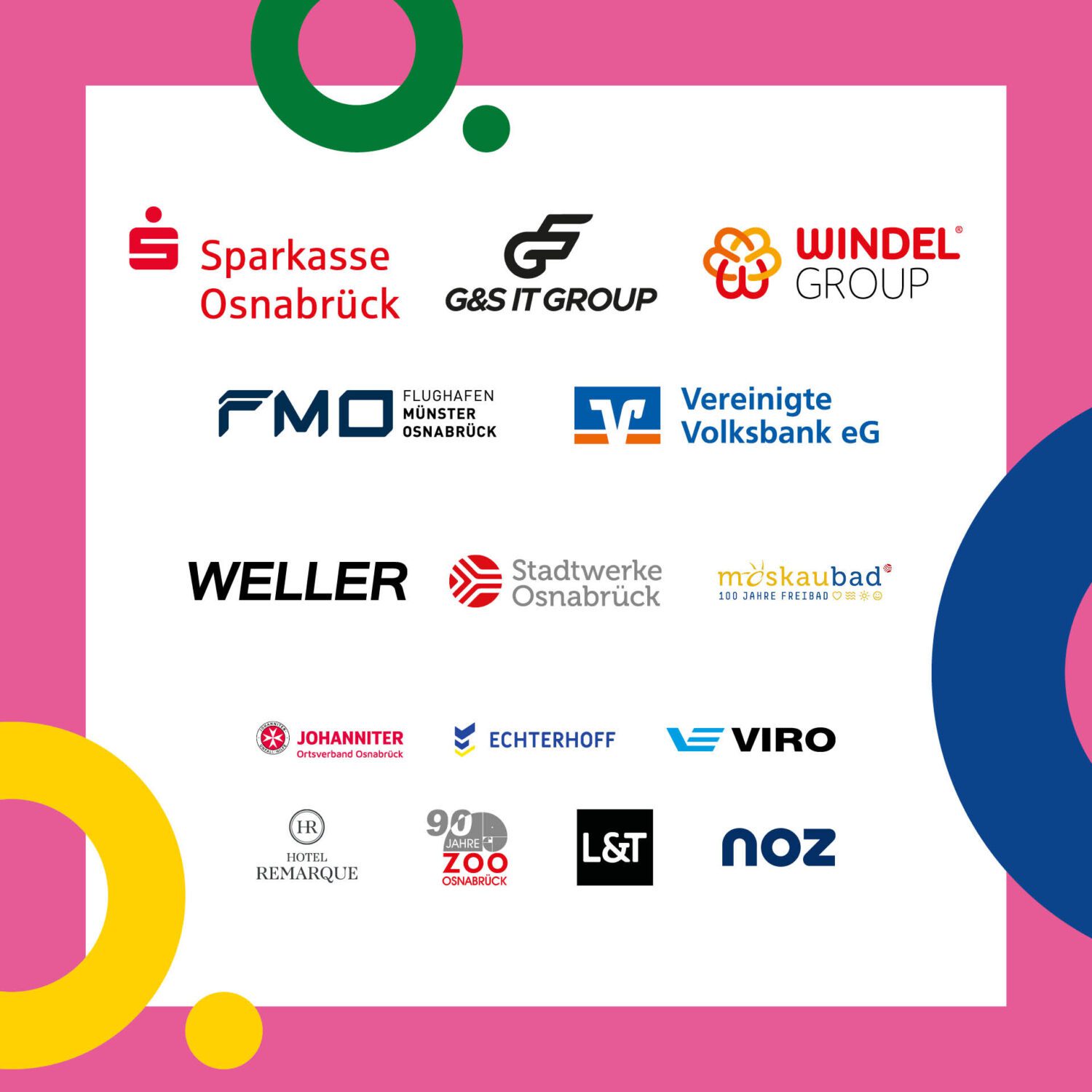 Sponsoren Übersicht Maiwoche: Logos von Sparkasse, G&S IT Group, Windel Group, Flughafen Münster, Vereinigte Volksbank, und weitere Sponsoren.