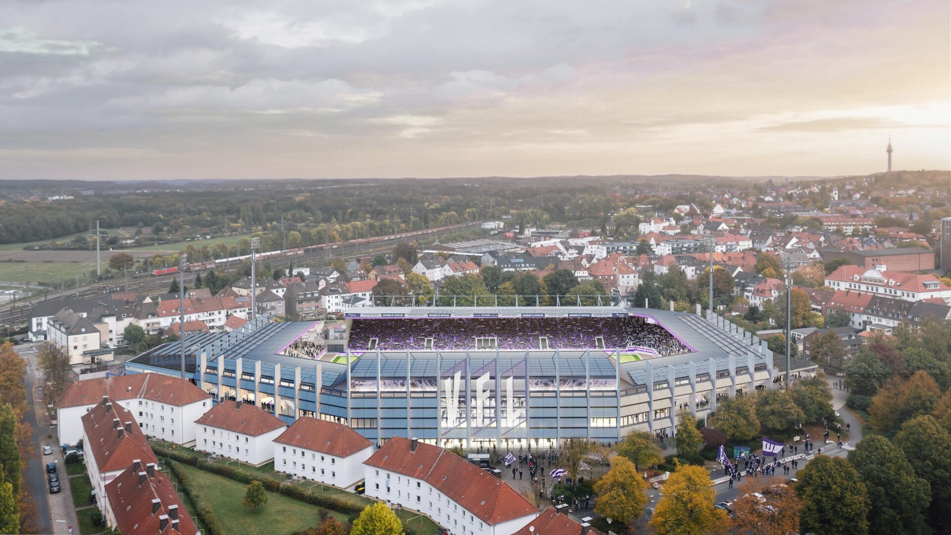 Vogelperspektive einer Planungsansicht für die Sanierung eines Fußballstadions mit moderner Architektur und Tribünen