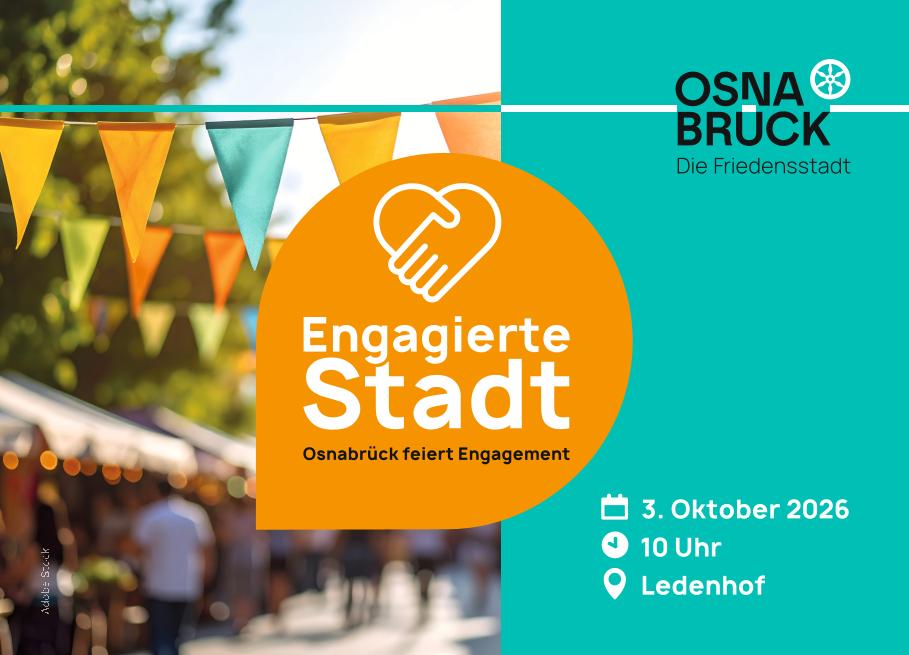 Bunte Wimpelkette über einem Bürgerfest mit orangefarbenem Logo einer Engagierten Stadt und Herz-Händedruck-Symbol