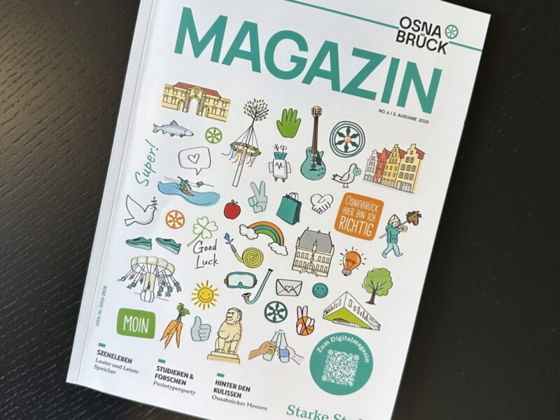 Osnabrück Magazin Titelblatt mit bunten Illustrationen zu Stadtteilen und Themen wie Kultur und Freizeit